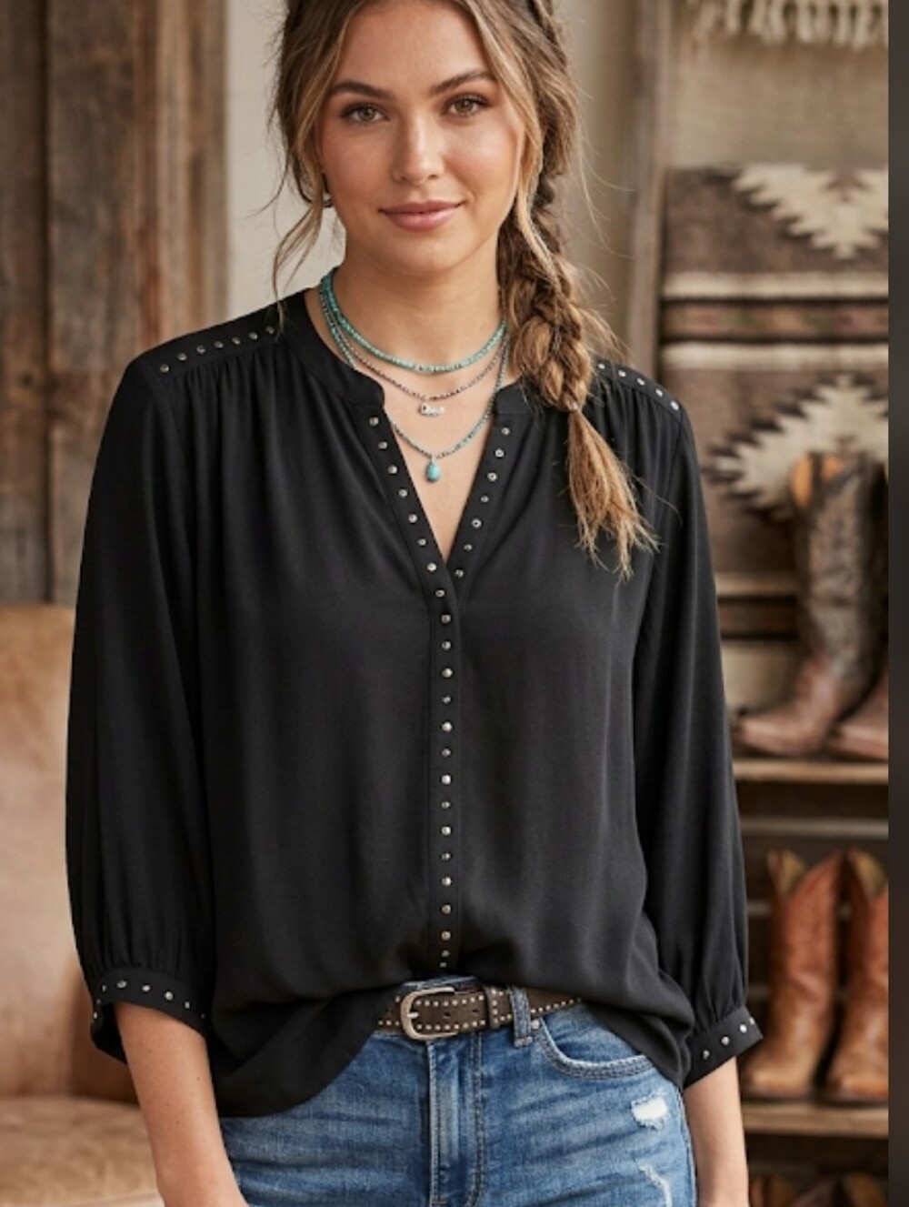 Chico's Black Stud-Trim Flowing V-Neck Top Size 16 Western